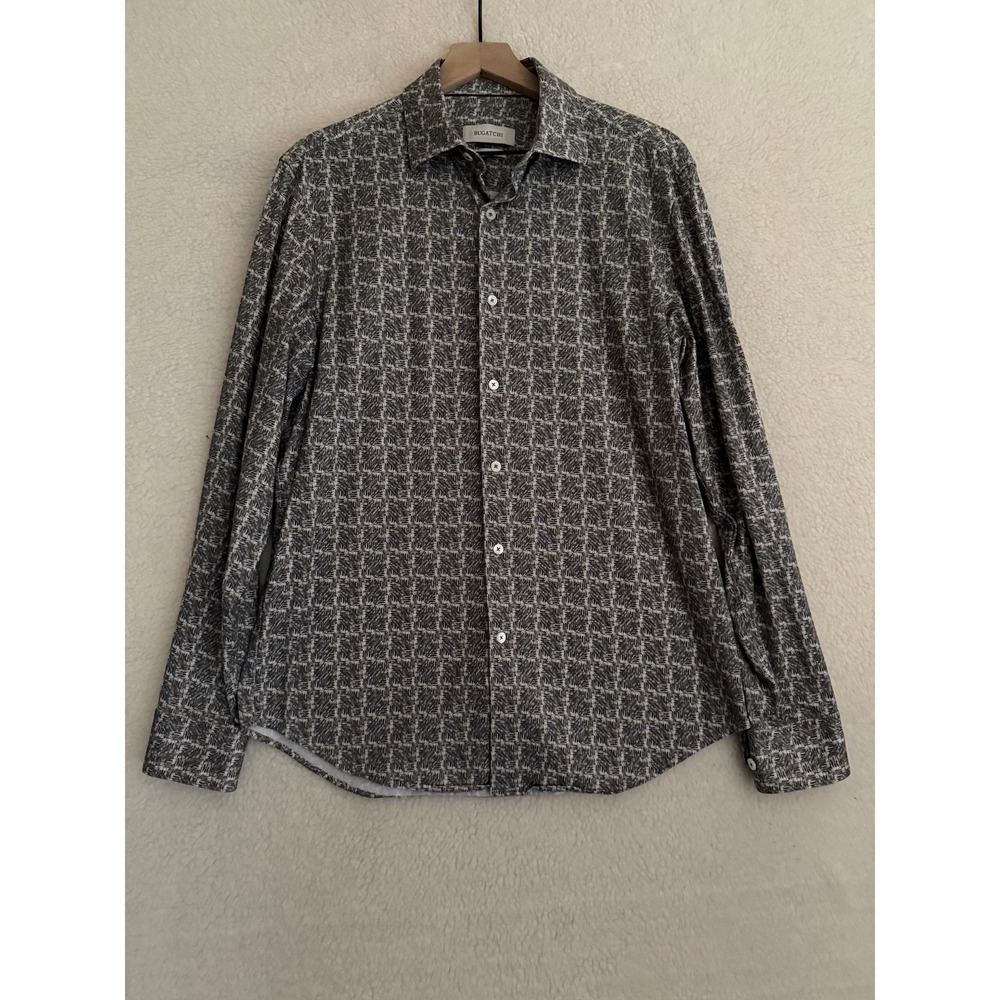 Bugatchi 8 Way Stretch Shirt Men's Medium Brown Geometric Button Up L/S Casual